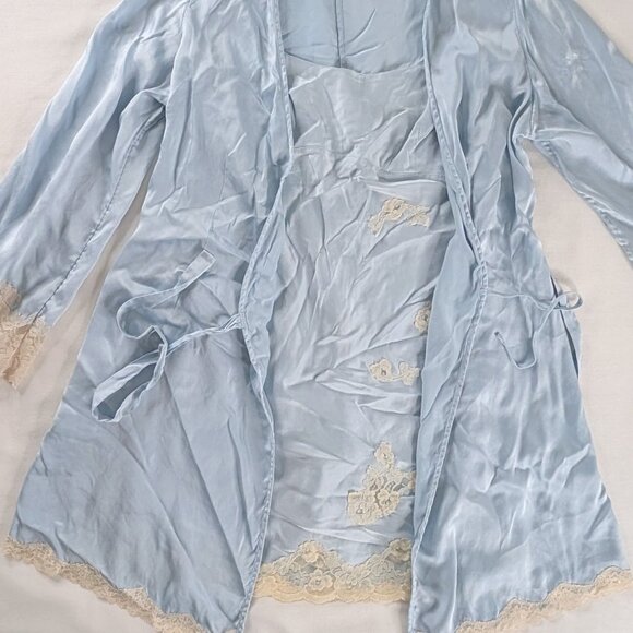 Y2k Soft Blue Cream Silk Lace Trim Chemise Slip Dress and Matching Robe - Picture 10 of 14